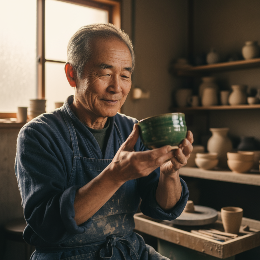 Photorealistic portrait of Japanese ceramicist